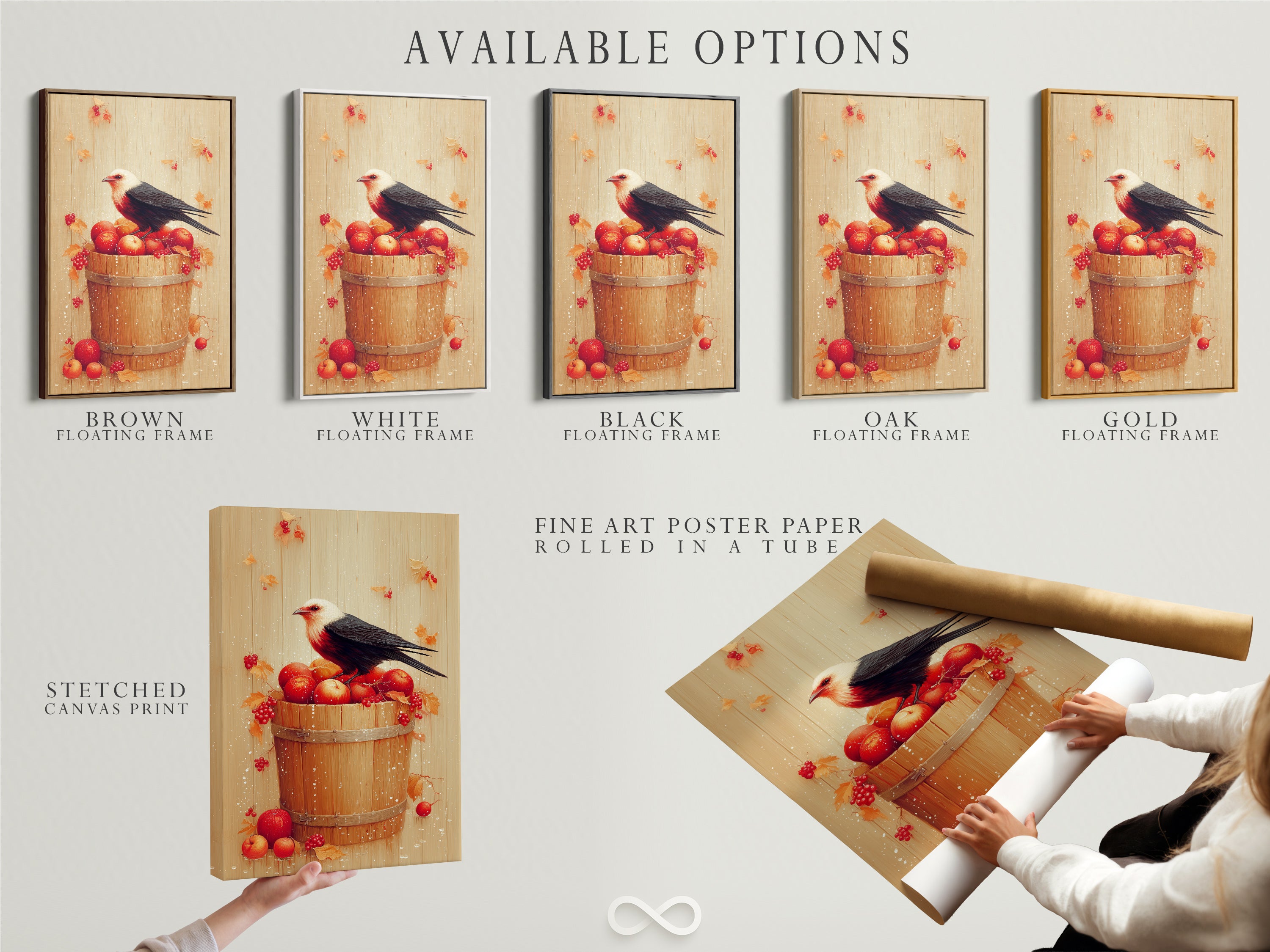 Available options for the Bird and Apples artwork: stretched canvas print fine art poster paper and floating frame. The rustic fall still life artwork is perfect for kitchen decor. Select the option that best suits your style. Each option enhances the artwork's presentation. A bird on a bucket of apples is featured.