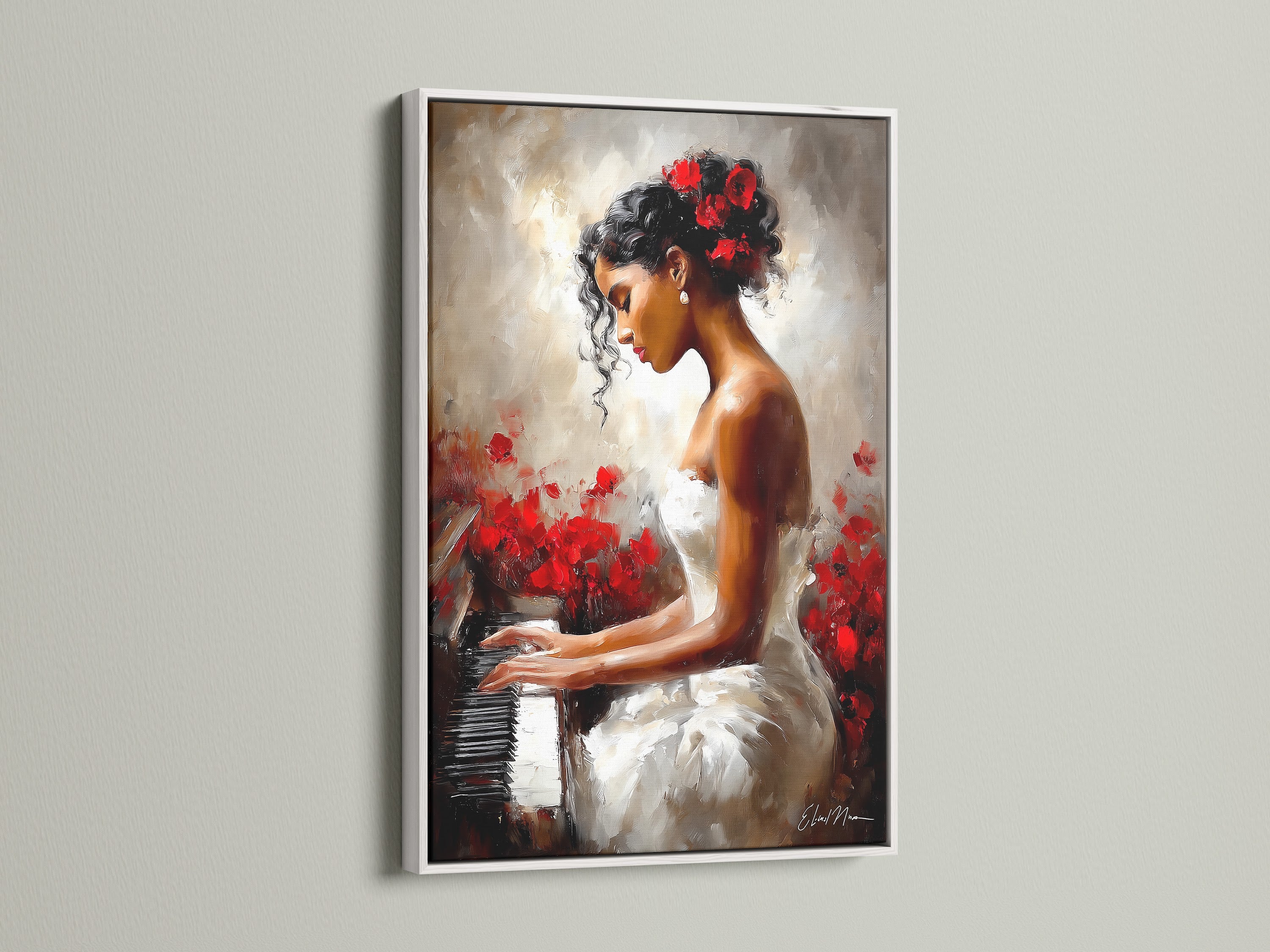 This is a framed artwork with a white frame. The artwork portrays a woman playing the piano. Her dress is white and red flowers accentuate the artwork. The white frame gives a clean modern look. It enhances the artwork's appeal.