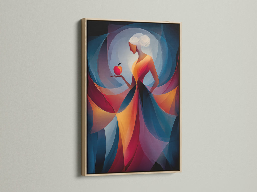 An oak frame enhances this art piece. The artwork features a woman holding a red apple. The oak frame complements the artwork's colors. The frame adds a touch of nature to the artwork.