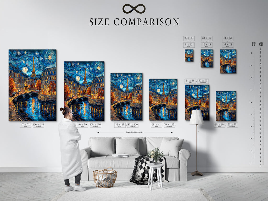 A size comparison chart is shown in an interior setting. See the different sizes available for your artwork. Choose the perfect size to fit your space. Visualize how the art will look in your home or office.
