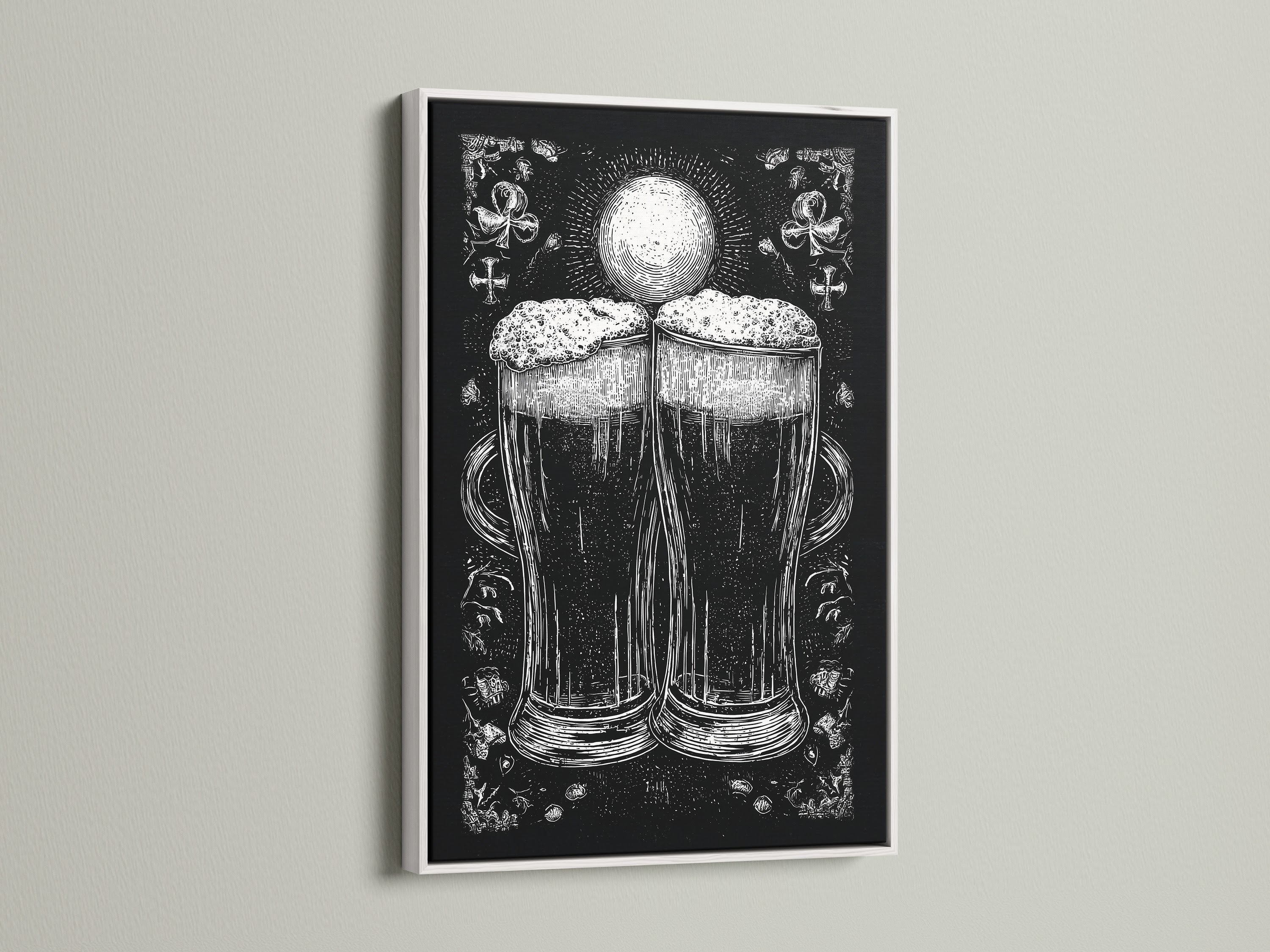 A framed artwork is on display. The art is in a white frame. The artwork features a monochromatic illustration of two beer glasses. The beer glasses are the focal point.  The print adds a touch of elegance to any room. The white frame provides a clean look.