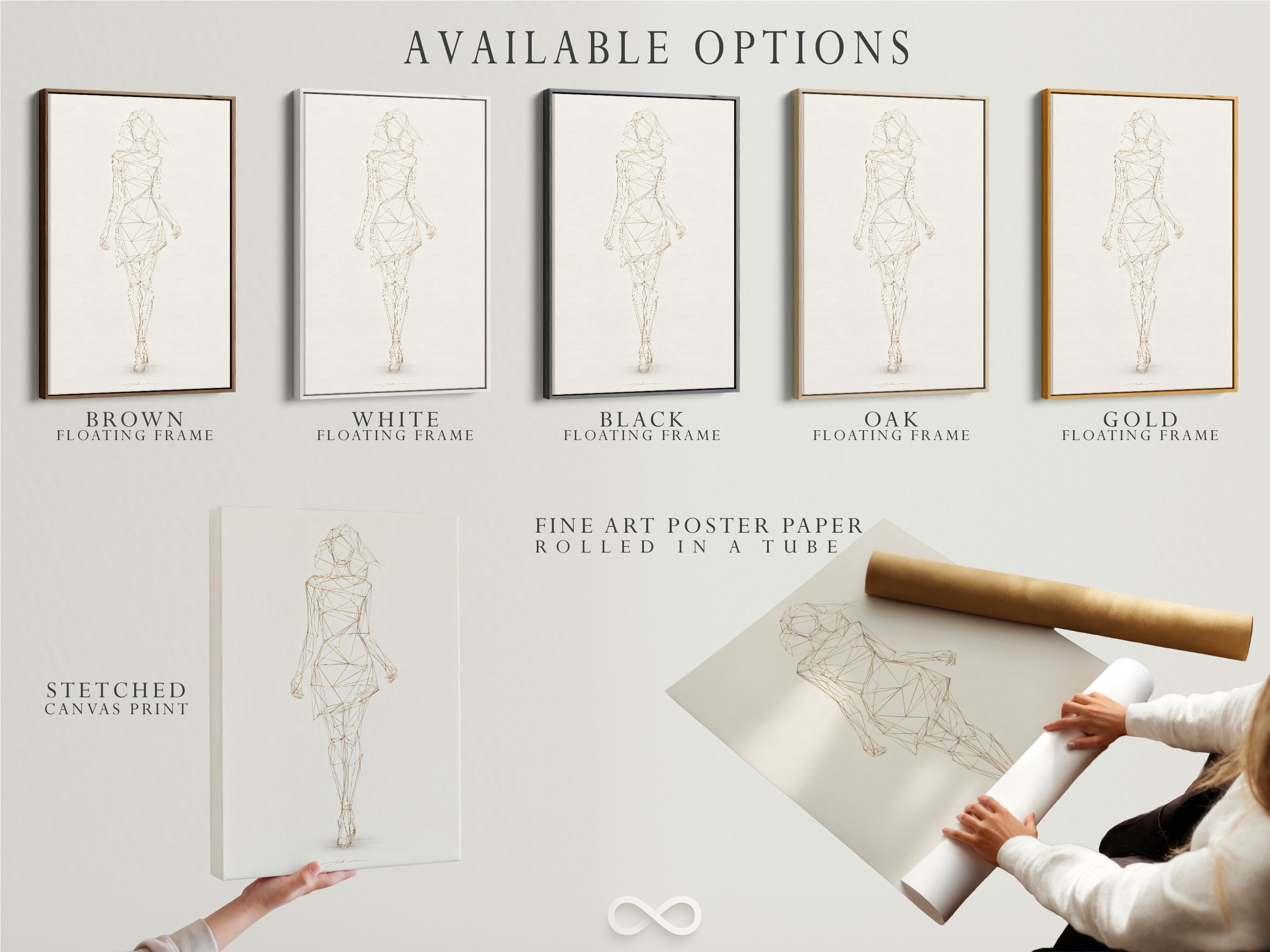 Explore available options for Geometric Woman art. Choose from a stretched canvas print. Or select fine art poster paper. Also available is a floating frame. This minimalist line drawing is modern fashion sketch artwork. Enhance your space with refined contemporary wall decor