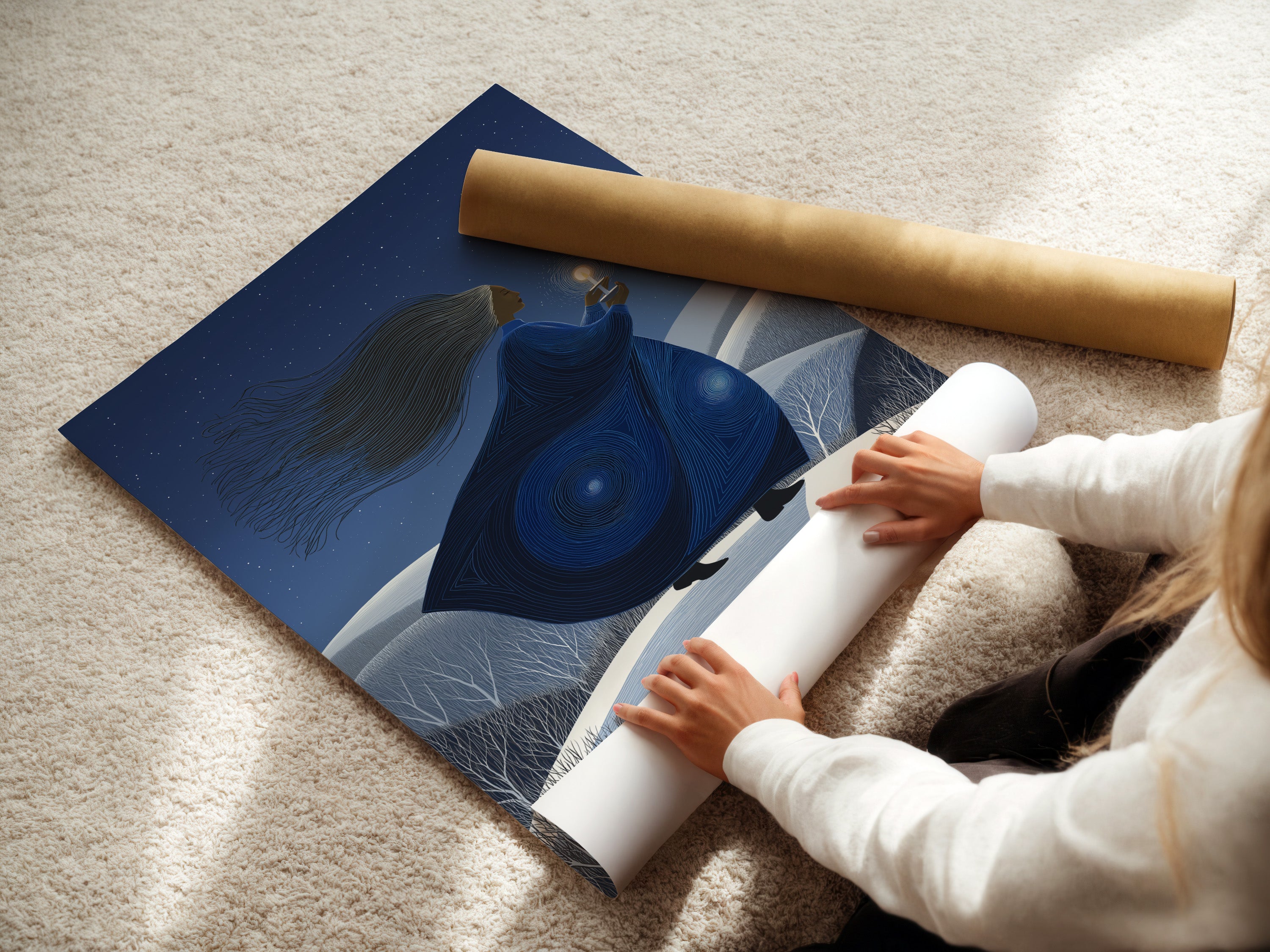 A woman is carefully rolling a fine art poster paper of the Mystical Woman artwork. Perfect for minimalist and Scandinavian styles. This ethereal figure art is ideal for bedroom wall decor. Add dreamy night art to your space. Order your print today.