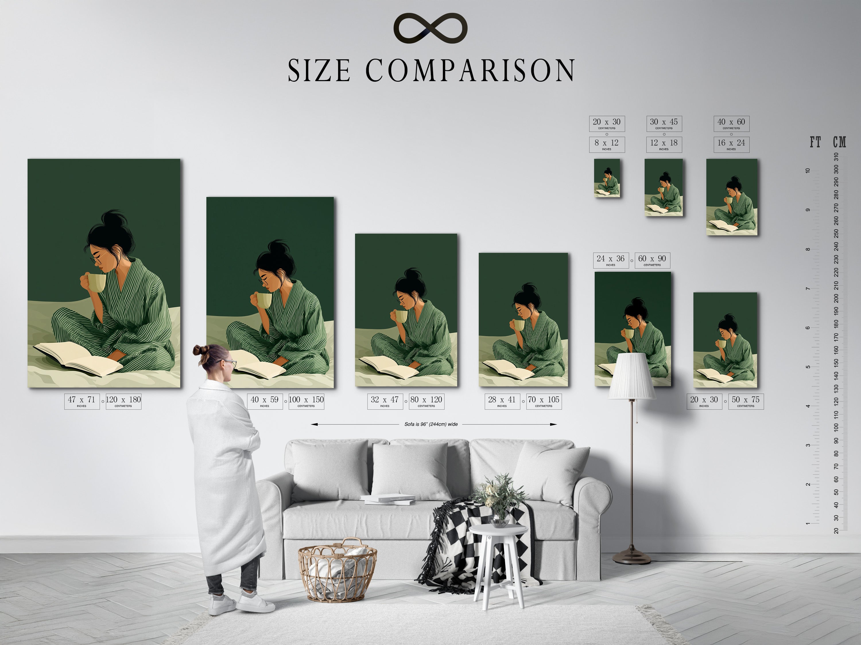 Size comparison chart in an interior setting.  Illustrating various dimensions. The artwork is a woman reading art print. Providing options for different spaces and preferences. 