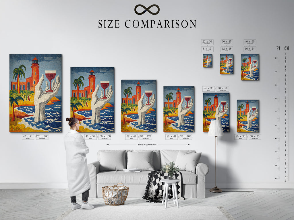 Size comparison chart displayed in an interior setting. The chart showcases various sizes of the lighthouse mosaic art. This coastal wall decor is a Mediterranean escape. The tile art suits beach house decor. It offers nautical versatility.
