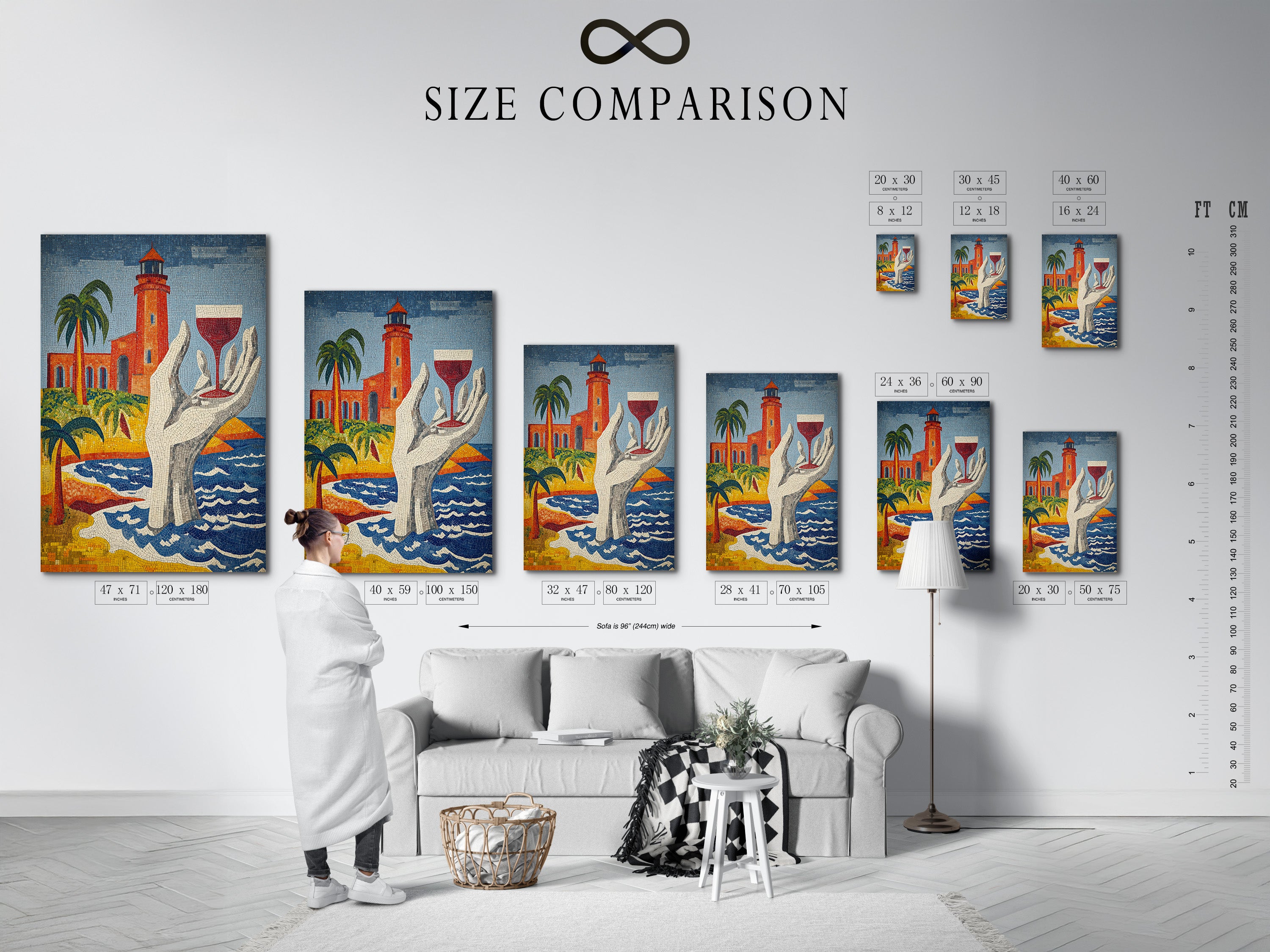 Size comparison chart displayed in an interior setting. The chart showcases various sizes of the lighthouse mosaic art. This coastal wall decor is a Mediterranean escape. The tile art suits beach house decor. It offers nautical versatility.