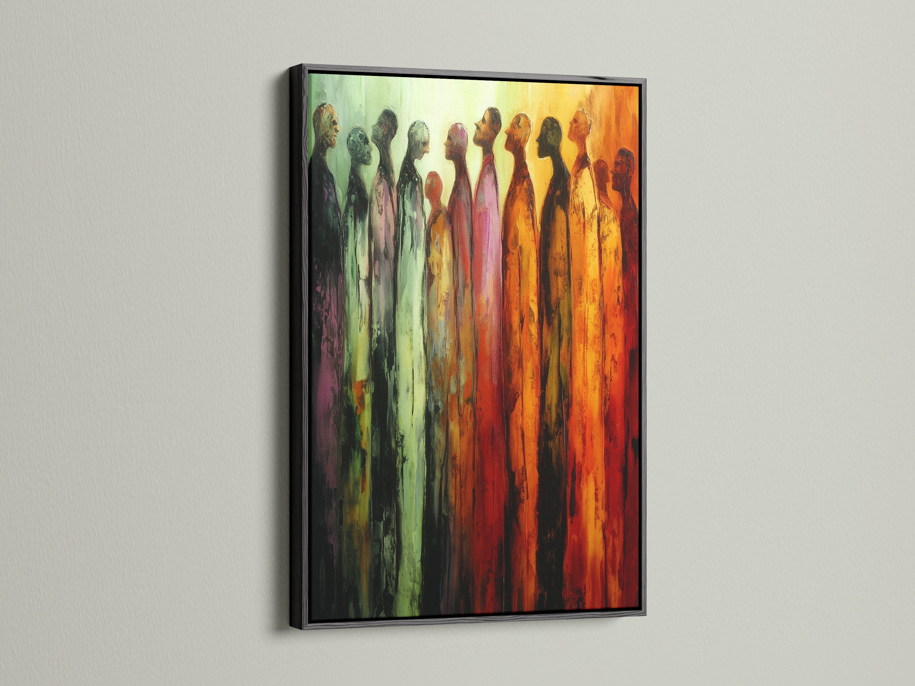 Figures artwork presented in a black frame. This people canvas is a striking abstract print. Warm tones create a welcoming atmosphere. This figurative artwork is great for an entryway. The black frame provides a bold contrast.