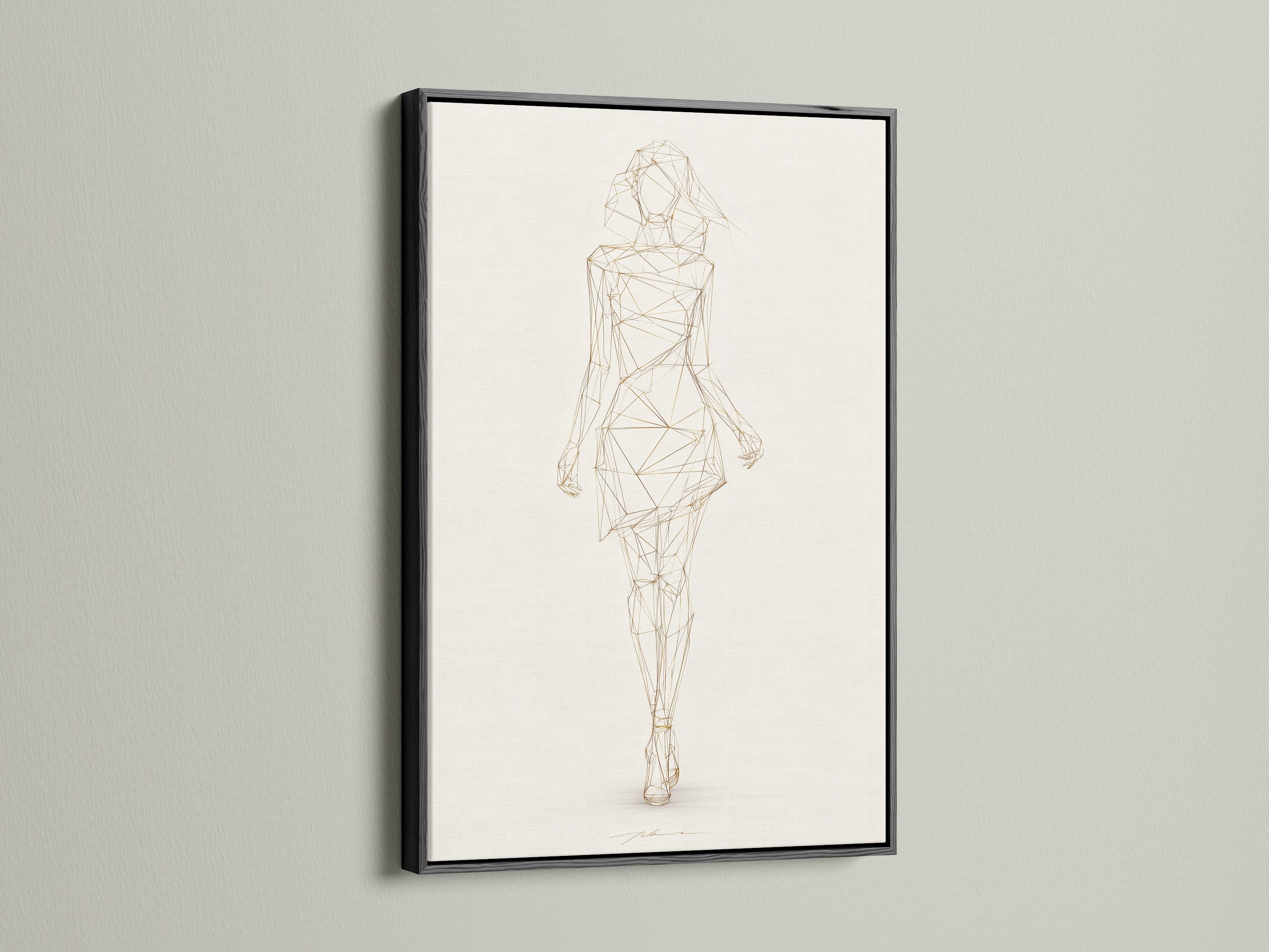 Geometric Woman art in a black floating frame. This minimalist line drawing is modern fashion sketch artwork. It's perfect for the office. Enhance your space with this refined contemporary wall decor. Ideal for minimalist modern or Scandinavian aesthetics. The beige and gold colors will stand out in any setting.