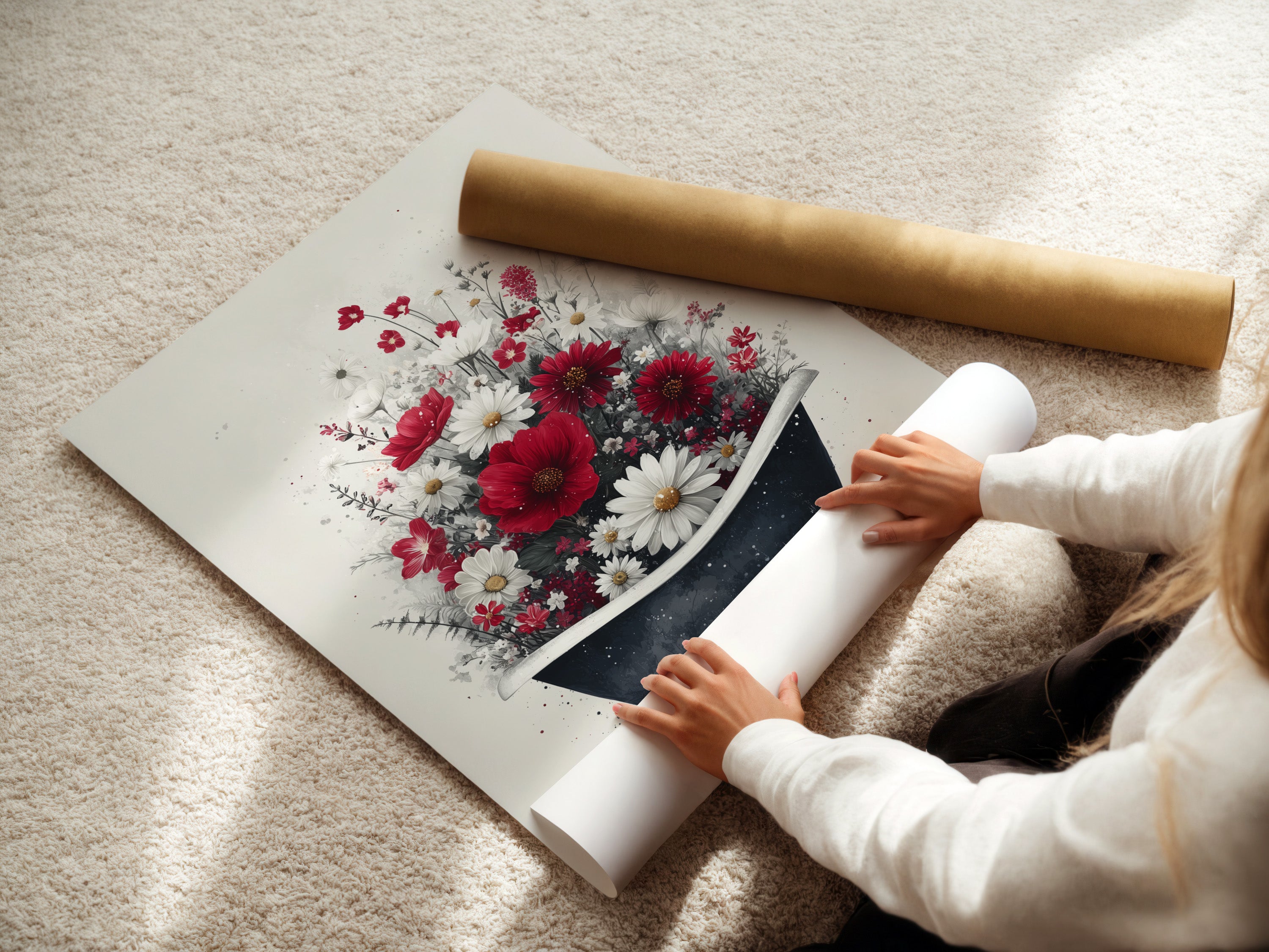 A woman is shown rolling a fine art poster paper. The paper features a floral bathtub artwork. The artwork features red and white flowers in a vintage bathtub. This fine art poster paper is perfect for farmhouse wall art and cottagecore decor. Add a touch of floral charm to your home.