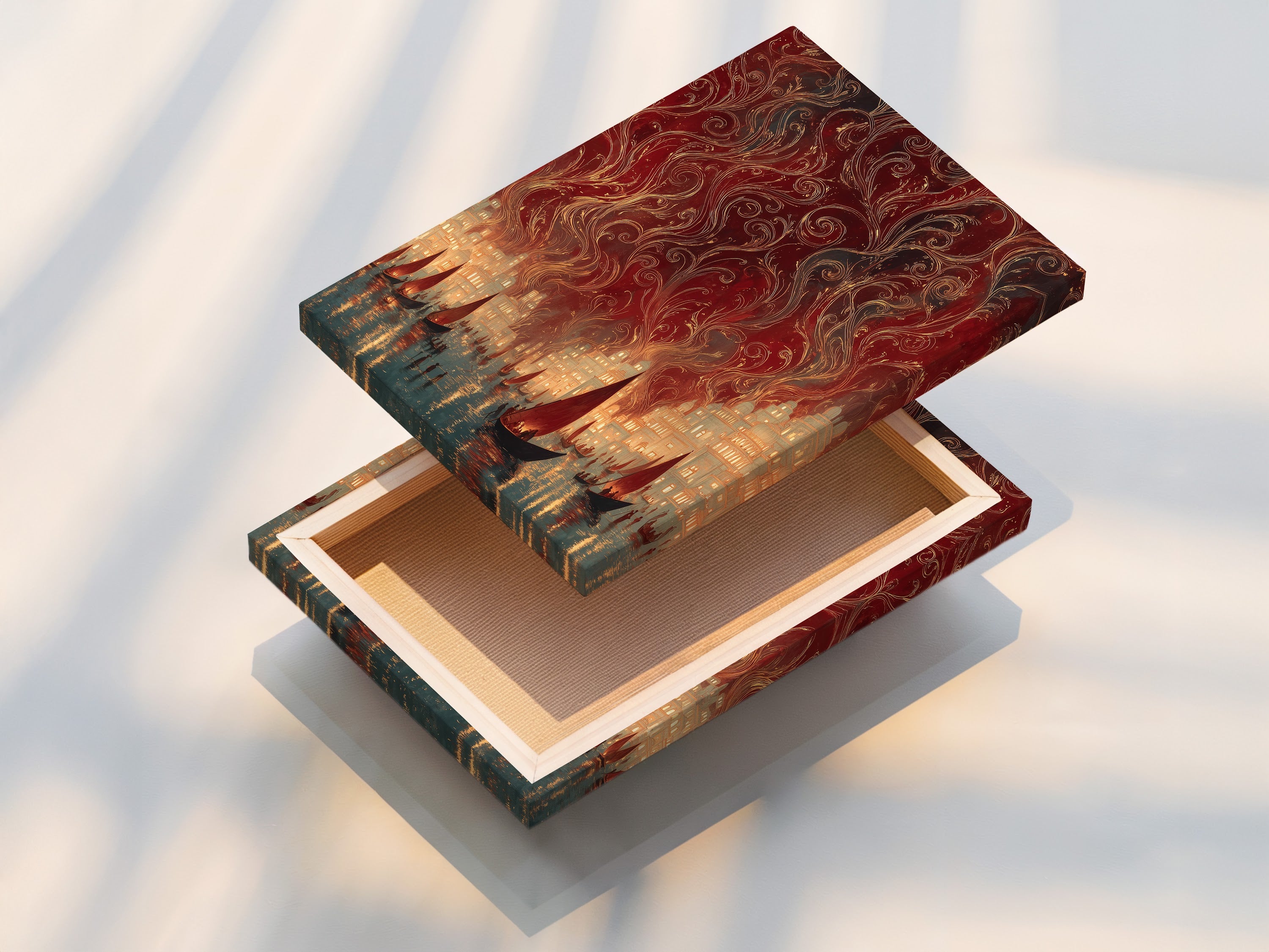 A stretched canvas print displays vintage harbor artwork. The sailing ships are prominently featured. This nautical city lights poster enhances any room's ambiance. Perfect for homeowners renters and interior designers.