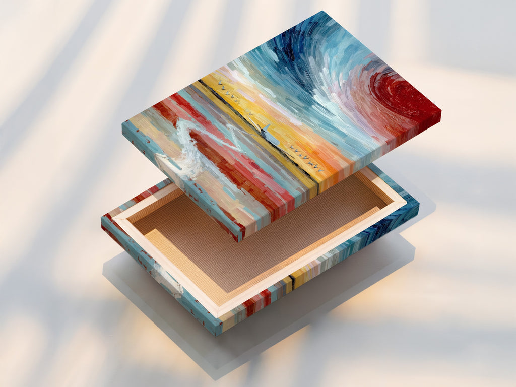 A stretched canvas print displays the airplane flight artwork. The modern art print is ready to hang. This sky canvas art enhances any room's atmosphere. Perfect for modern wall decor enthusiasts. A unique aviation gift for those who love travel art.