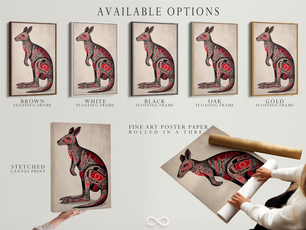 Available options for the Aboriginal Kangaroo artwork are displayed. Choose from stretched canvas prints fine art poster paper and floating frames. Customize your art to fit your style. Add a touch of indigenous Australian wall art to your space.