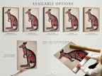 Available options for the Aboriginal Kangaroo artwork are displayed. Choose from stretched canvas prints fine art poster paper and floating frames. Customize your art to fit your style. Add a touch of indigenous Australian wall art to your space.