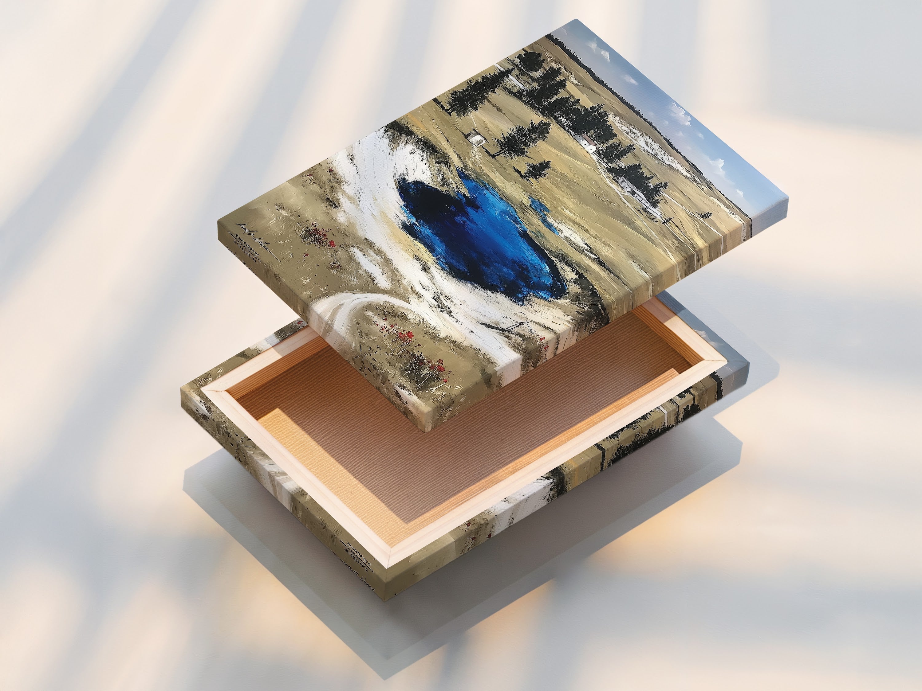 A stretched canvas print showcases Wyoming landscape artwork. It is the Grand Prismatic Springs in Yellowstone National Park. Perfect nature wall art for rustic farmhouse neutral or nature-inspired styles. Add scenic artwork to your living room cabin or office.