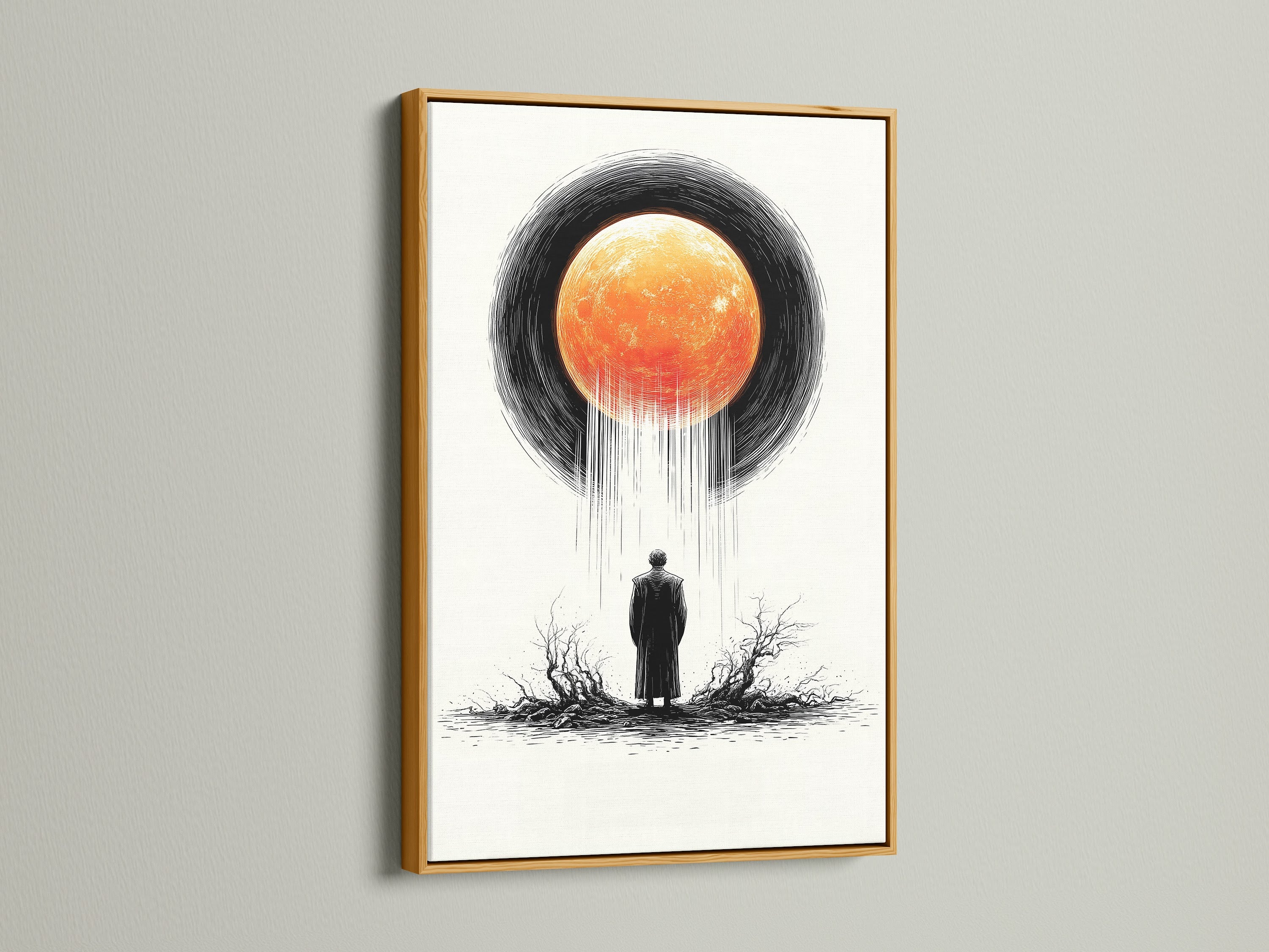 Surreal eclipse art print with a gold frame. Add a touch of modern visionary art to your home. The dramatic orange celestial canvas enhances living room wall art. Perfect for bedroom wall decor. A minimalist style.