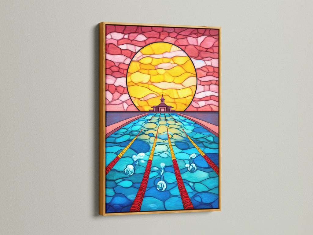 Stained Glass Ocean Artwork is presented in a gold frame. The stained glass art complements coastal decor. This zen wall decor is suitable for spas. This sea temple print creates a serene atmosphere.