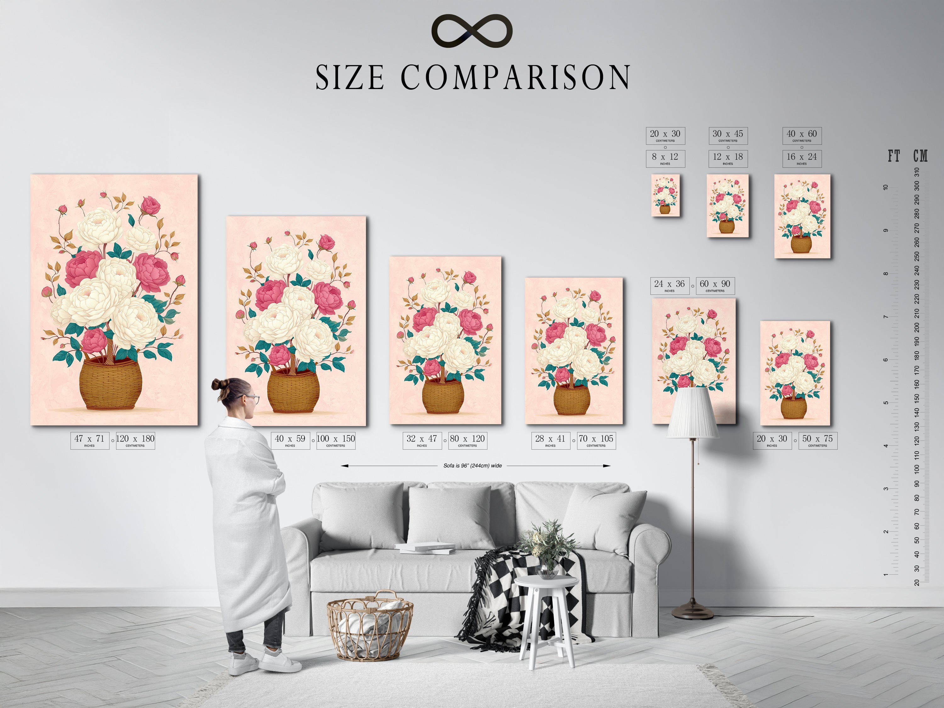 Size comparison chart in an interior setting. Visualize how our floral canvas art will fit in your space. Choose the perfect size for your pink peony artwork. Explore botanical prints for your home decor needs.