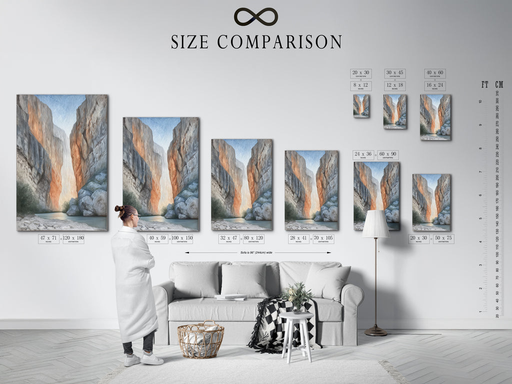 Size comparison chart of canyon artwork in an interior setting. See how different sizes fit your space. Choose from stretched canvas print fine art poster paper or floating frame options. Find the perfect piece for your home or office.