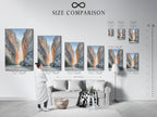 Size comparison chart of canyon artwork in an interior setting. See how different sizes fit your space. Choose from stretched canvas print fine art poster paper or floating frame options. Find the perfect piece for your home or office.