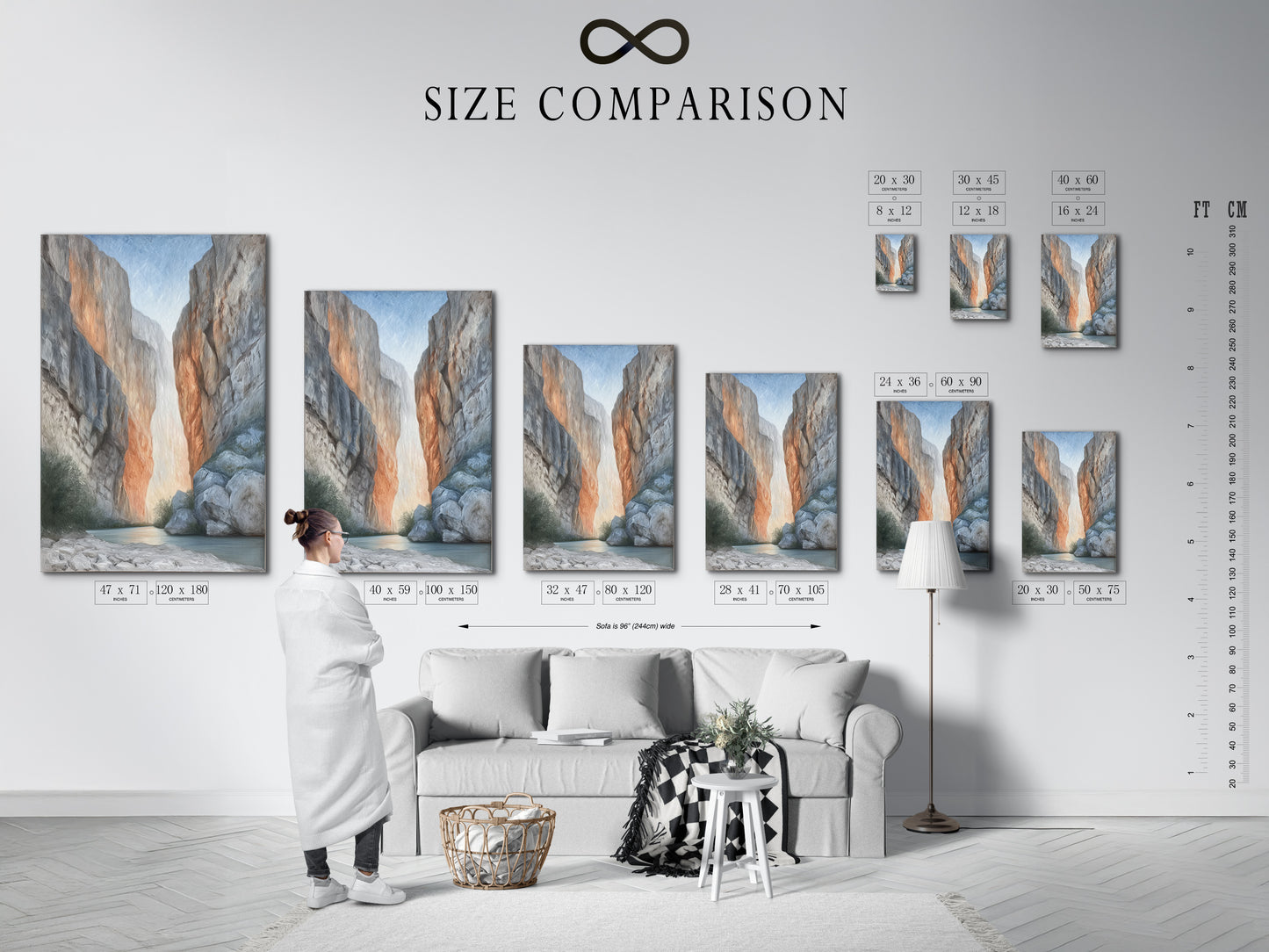 Size comparison chart of canyon artwork in an interior setting. See how different sizes fit your space. Choose from stretched canvas print fine art poster paper or floating frame options. Find the perfect piece for your home or office.