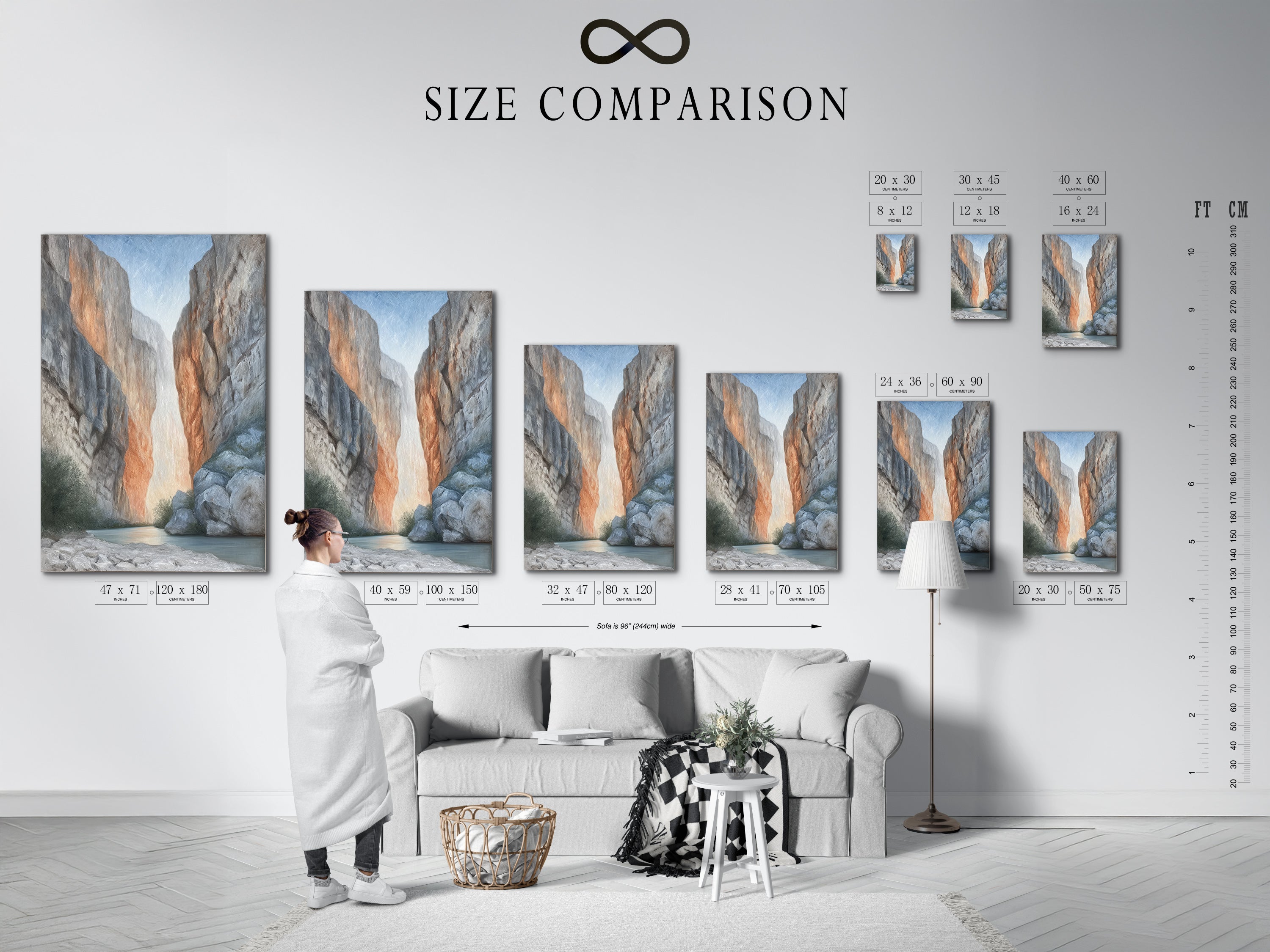 Size comparison chart of canyon artwork in an interior setting. See how different sizes fit your space. Choose from stretched canvas print fine art poster paper or floating frame options. Find the perfect piece for your home or office.
