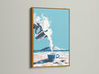 Coastal Coffee artwork with a gold frame. Elevate your space with this beach canvas art. The golden frame adds a touch of luxury. Perfect for studios lobbies and clinics. A coastal masterpiece for any setting.