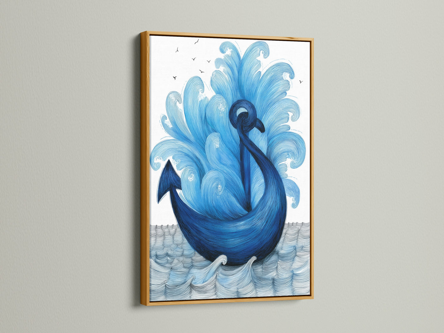 Admire our navy blue anchor artwork in a gold frame. A luxurious coastal artwork option for your home. The gold frame complements the ocean canvas beautifully. This sea themed art adds a touch of elegance. Perfect for bathroom wall art or living spaces. This maritime art is ideal for boat decor.