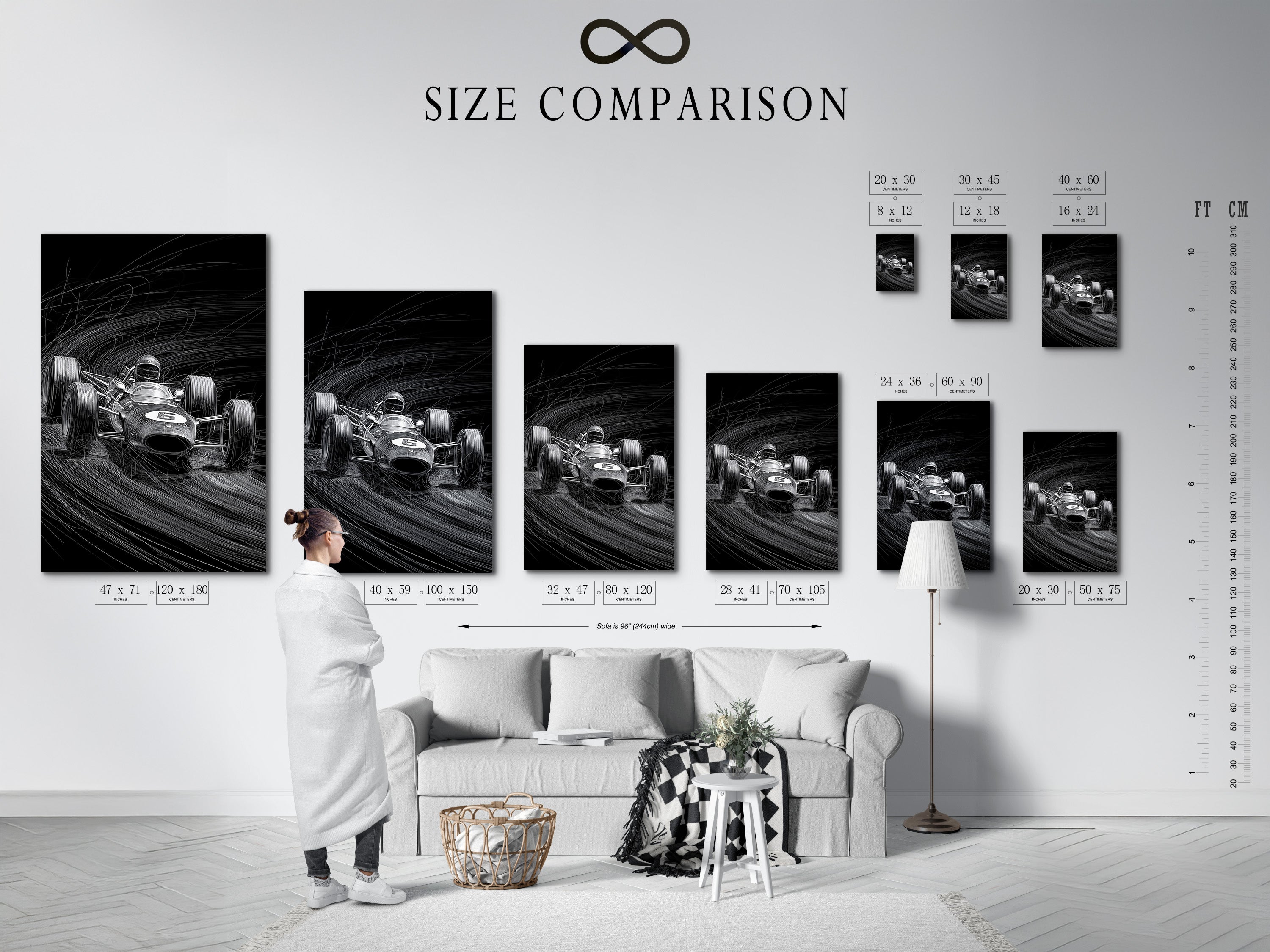 A size comparison chart is displayed in an interior setting. The chart helps visualize different artwork sizes. See how various sizes will fit in your space. Choose the perfect dimensions for your art. Make an informed decision with our size chart.