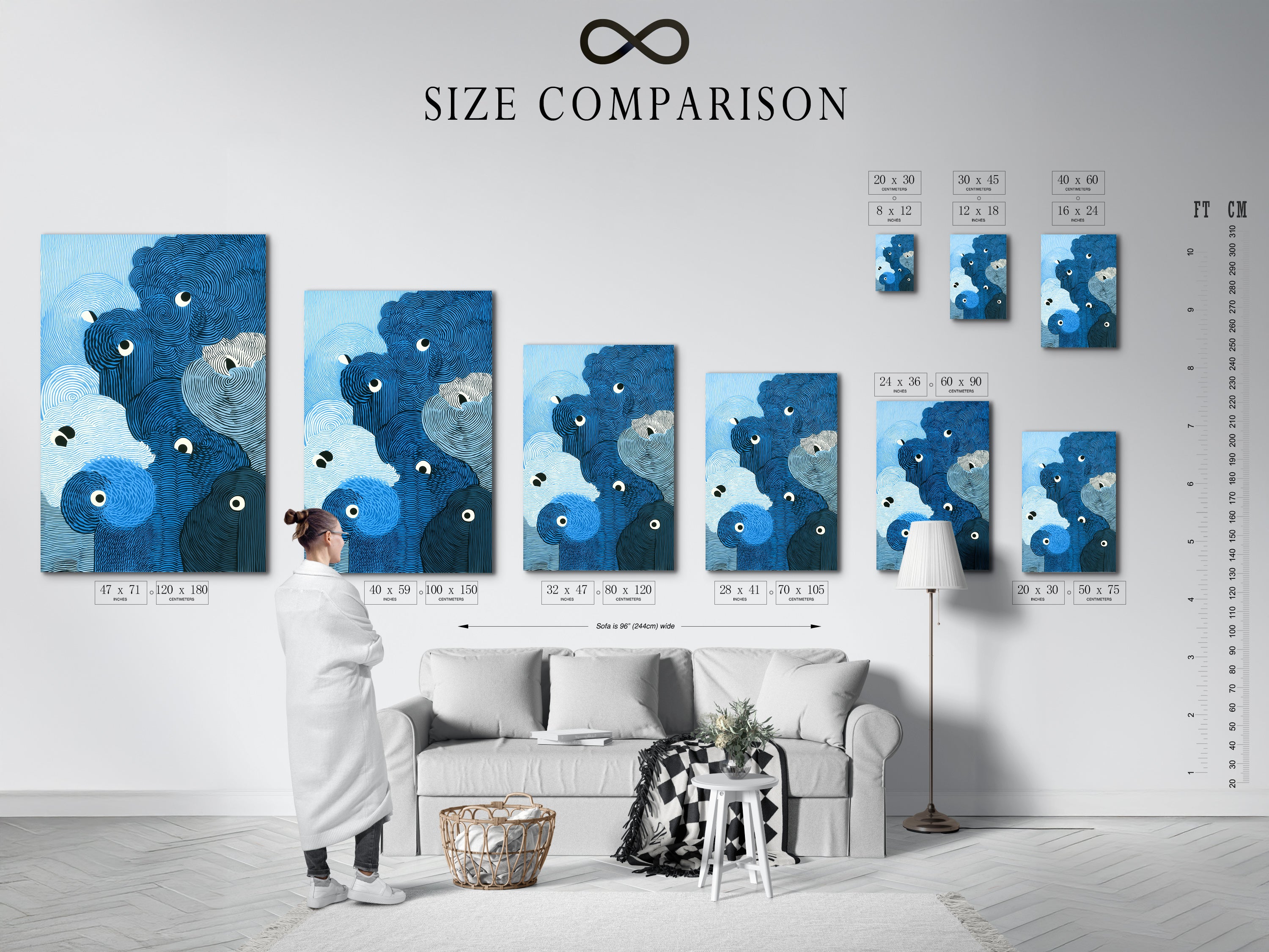 This is a size comparison chart in an interior setting. It showcases various sizes of abstract wave artwork. Helping you visualize the scale of the blue ocean print. The modern swirl art is seen in different dimensions. Find the perfect fit for your wall decor needs.