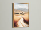 Tuscan Landscape artwork with a gold frame. This Italy countryside wall art brings a touch of luxury to your home. The neutral tone art complements the farmhouse decor. Italian scenery showcases a beautiful wheat field. Add rustic wall art to your dining area with this scenic canvas.