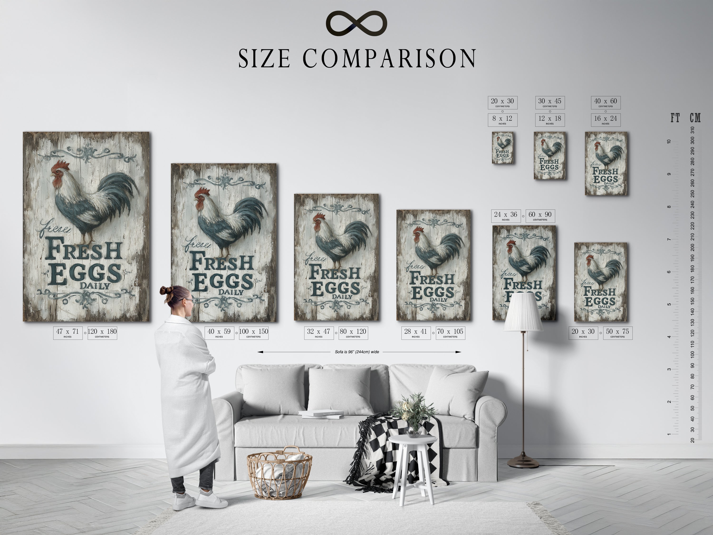 A size comparison chart in an interior setting. This chart helps visualize the different sizes available for rooster artwork. The Fresh Eggs Daily sign adds rustic charm. Perfect for farmhouse kitchens. Choose the perfect fit.
