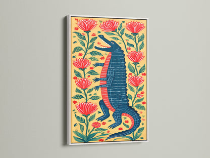 Alligator artwork in a white frame. The vibrant alligator print is surrounded by botanical details. This artwork adds a fresh and clean look to your decor. Ideal for kids' rooms or eclectic spaces.