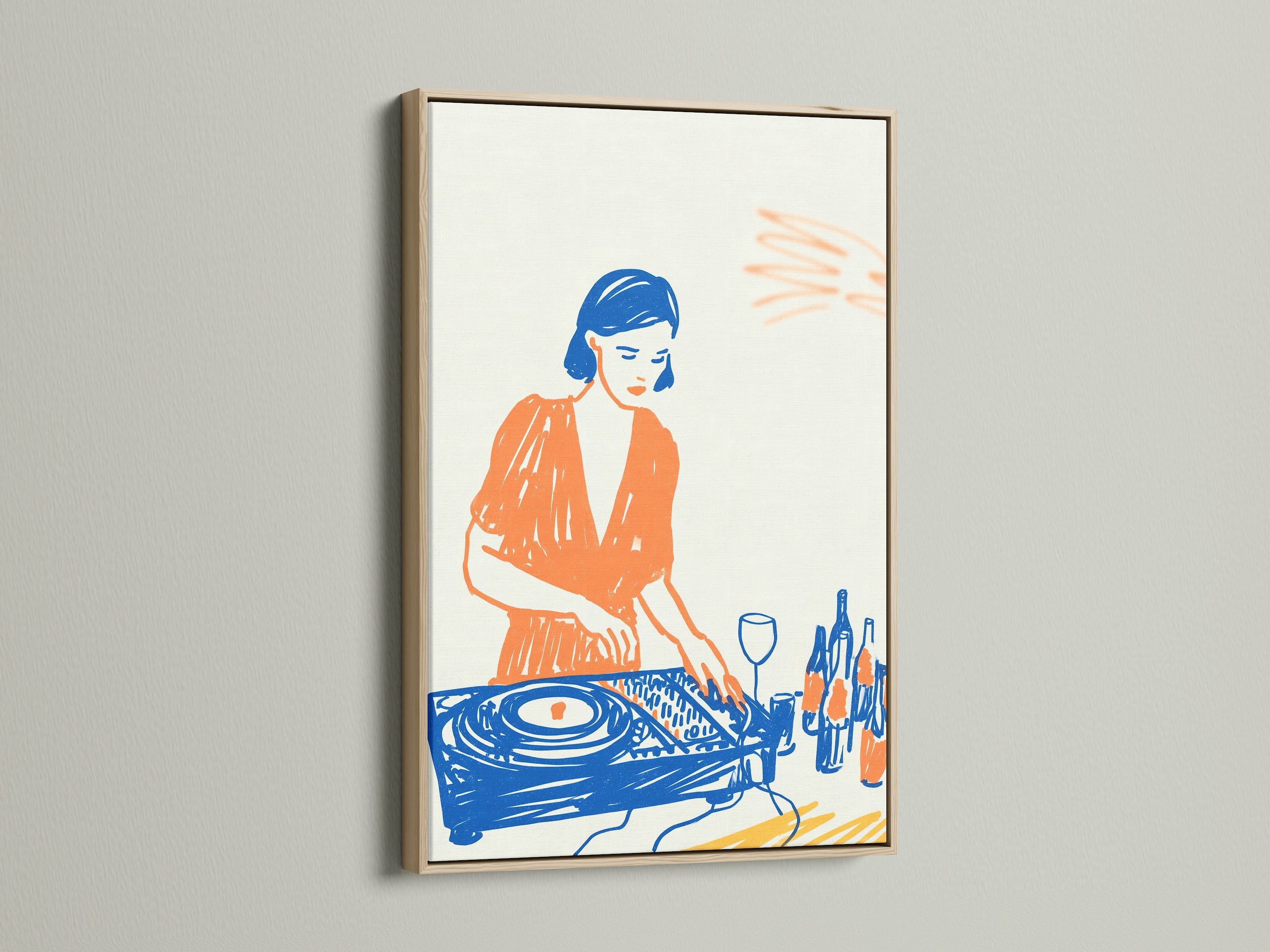Discover the oak frame option for your music canvas art. This frame enhances the retro blue and orange tones. See how the oak frame complements the DJ artwork. Perfect for adding warmth to your studio wall decor.