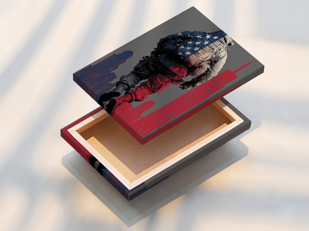 A stretched canvas print of American Soldier art. The patriotic artwork is ready to hang. An impactful piece for military decor or a veteran memorial. Display this soldier canvas proudly.