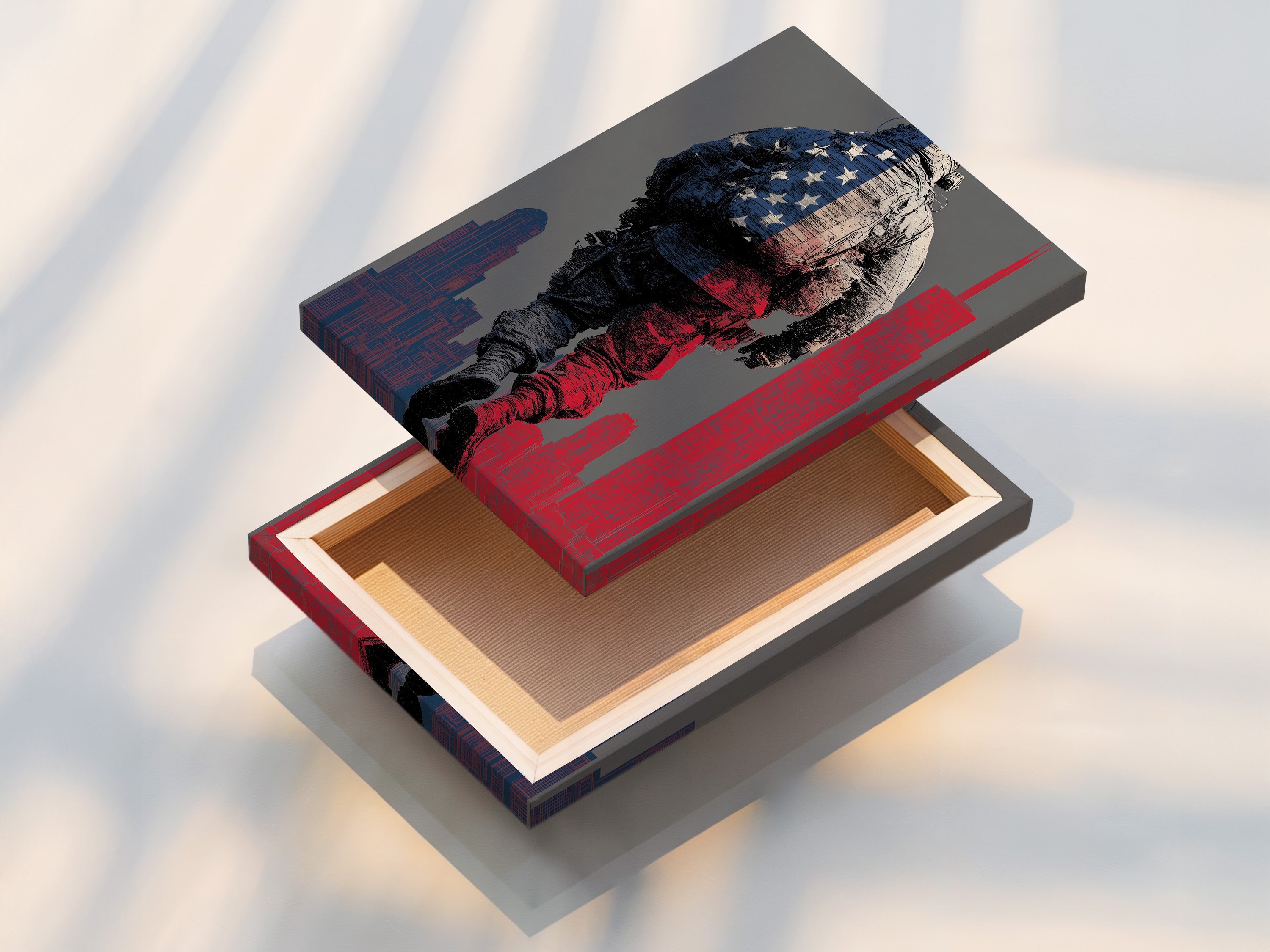 A stretched canvas print of American Soldier art. The patriotic artwork is ready to hang. An impactful piece for military decor or a veteran memorial. Display this soldier canvas proudly.