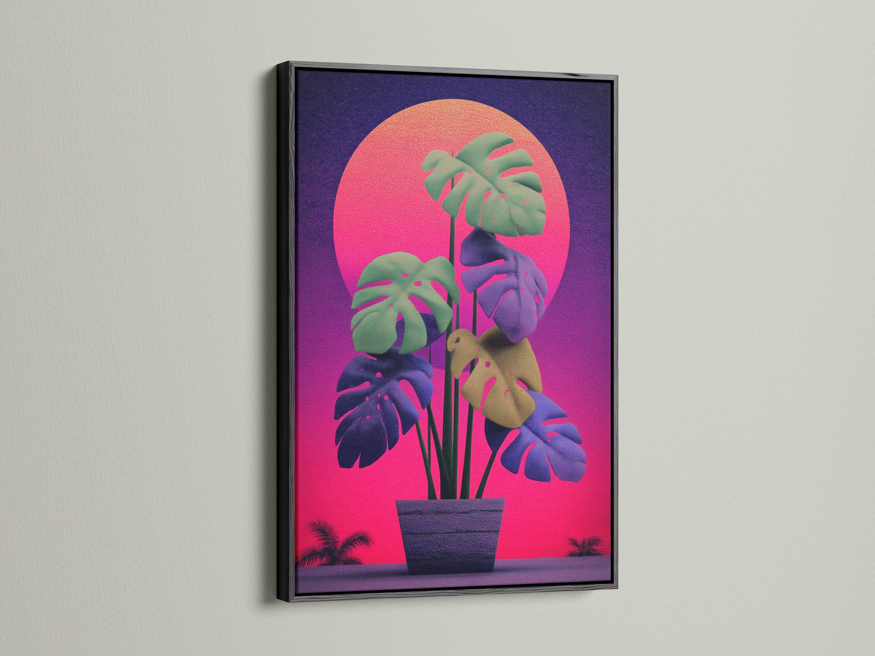 Monstera retro sunset artwork in a black frame. This botanical artwork features a retro sunset. The black frame adds a touch of sophistication. It's ideal for home office decor and living spaces.