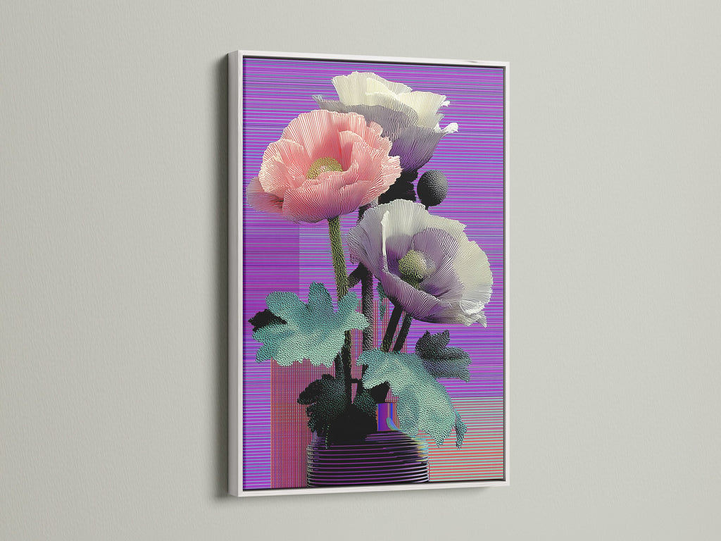 Vaporwave poppy art print in a white frame. The glitch aesthetic gives this retro botanical artwork a unique look. This purple wall decor is perfect for your bedroom. The white frame enhances the art. A great addition to any modern space.