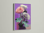 Vaporwave poppy art print in a white frame. The glitch aesthetic gives this retro botanical artwork a unique look. This purple wall decor is perfect for your bedroom. The white frame enhances the art. A great addition to any modern space.
