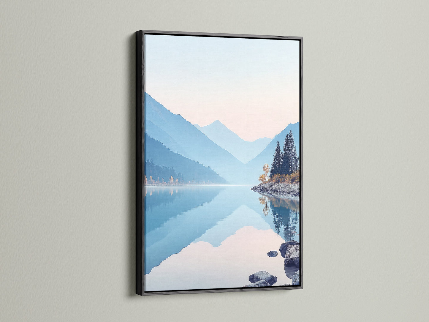 Black frame displays a beautiful mountain lake artwork. The serene nature landscape photography brings a calming effect. The pastel blue wall art enhances any room. It is ideal for bedroom wall decor. The nature canvas print creates a peaceful mountain view. Complements modern spaces.