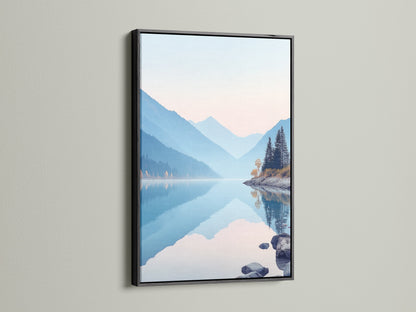 Black frame displays a beautiful mountain lake artwork. The serene nature landscape photography brings a calming effect. The pastel blue wall art enhances any room. It is ideal for bedroom wall decor. The nature canvas print creates a peaceful mountain view. Complements modern spaces.