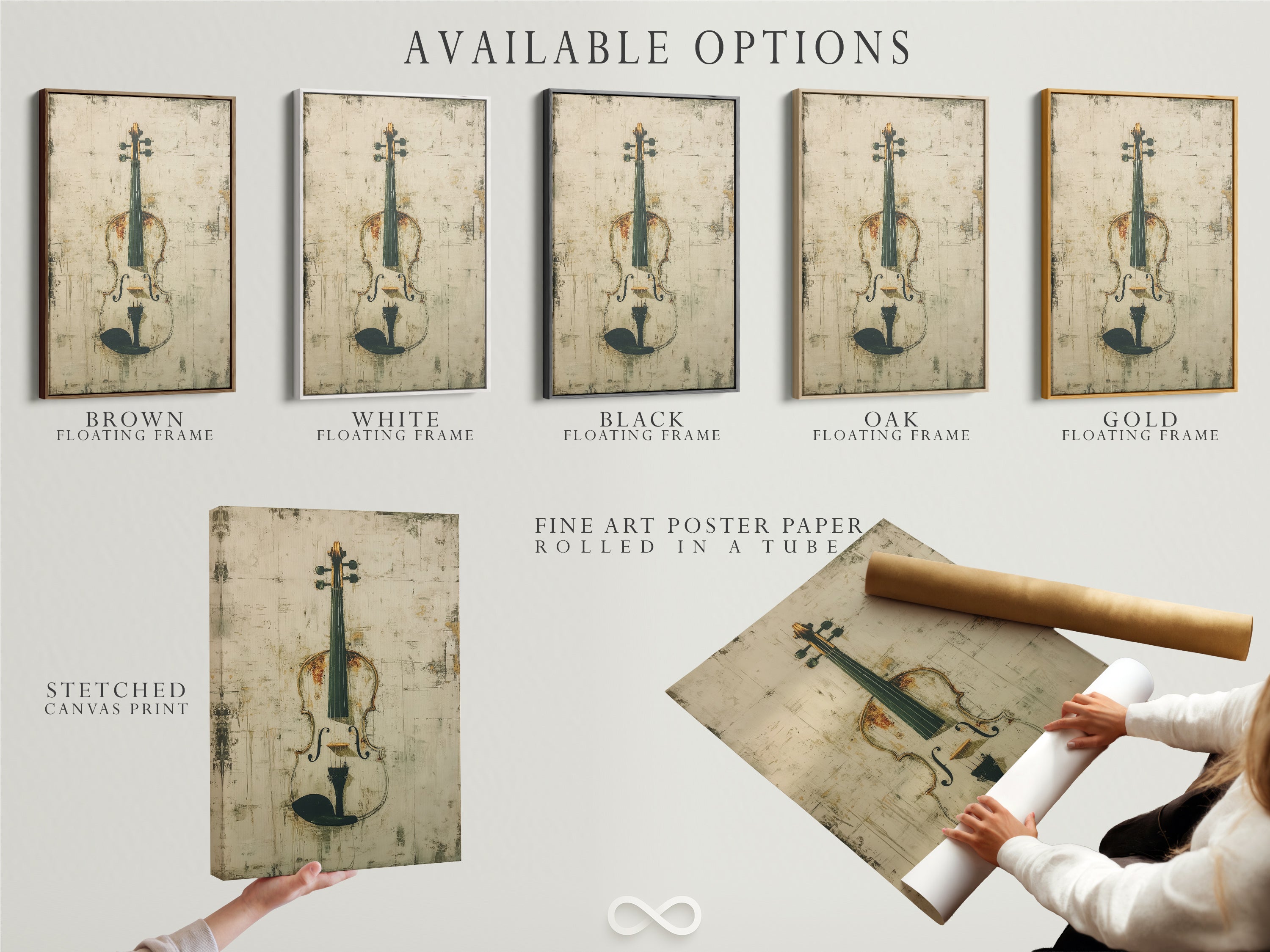 Available options include stretched canvas print fine art poster paper and floating frame. This vintage violin artwork offers versatile choices. Select the perfect format for your music room decor. Ideal for musicians and art lovers.