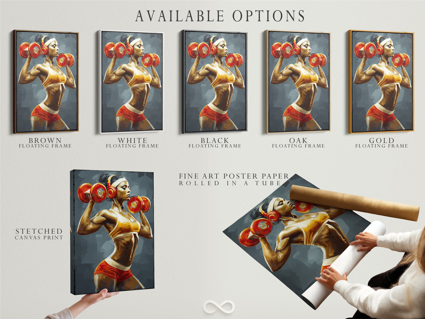 Explore available options for this fitness artwork. Choose from a stretched canvas print a fine art poster paper or a floating frame. Find the perfect style for your home gym decor. Enhance your workout space with motivational artwork.