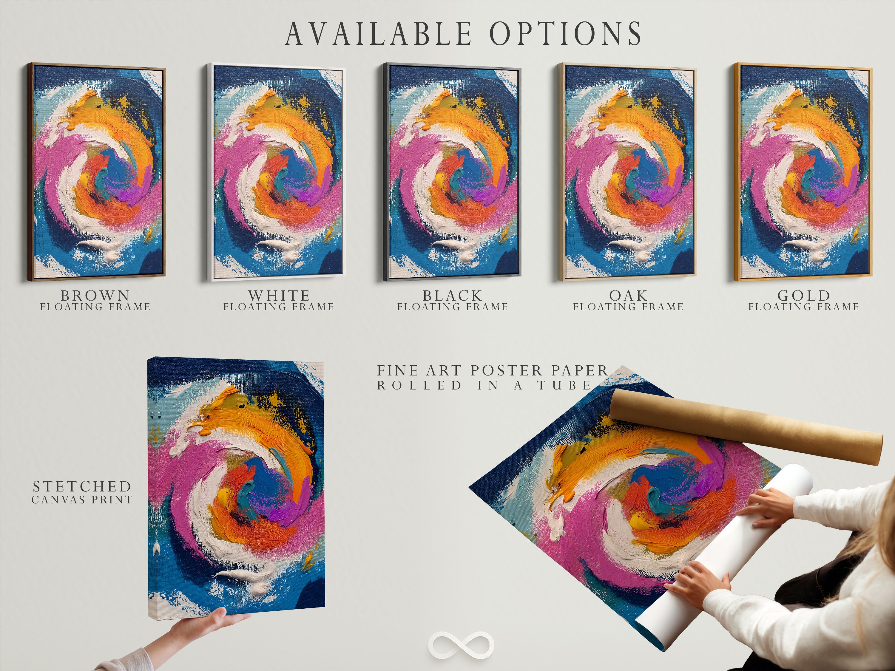 This image presents available options for the abstract swirl artwork. Choose from a stretched canvas print a fine art poster paper print or a floating frame. Select the perfect format to suit your style. Create your ideal wall art.