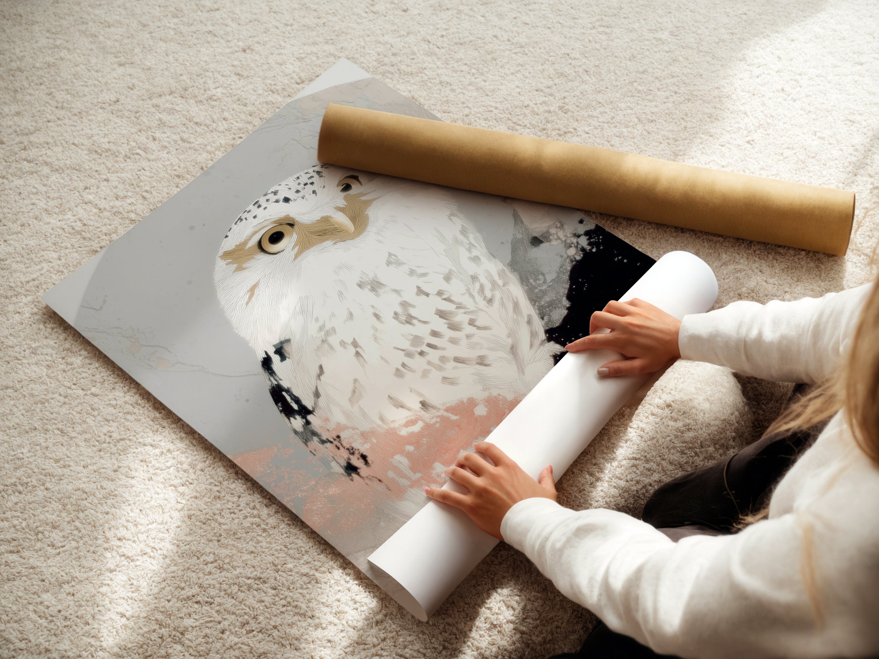 Watch as a fine art poster paper is expertly rolled. This ensures your white owl artwork arrives in perfect condition. The poster paper enhances the details of the bird art prints. Perfect for framing and adding to your home decor. Order now and enjoy this modern animal art.