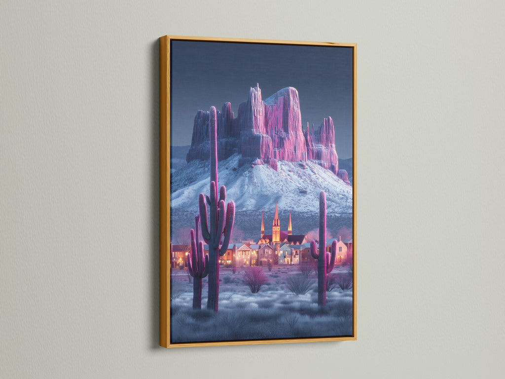 Modern Southwestern artwork. A pink cactus and mountain canvas print is displayed in a gold frame. The artwork brings a touch of luxury to your walls. This desert art is perfect for homeowners renters and interior designers.