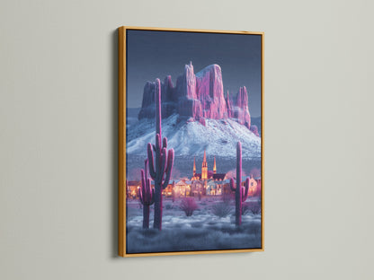 Modern Southwestern artwork. A pink cactus and mountain canvas print is displayed in a gold frame. The artwork brings a touch of luxury to your walls. This desert art is perfect for homeowners renters and interior designers.