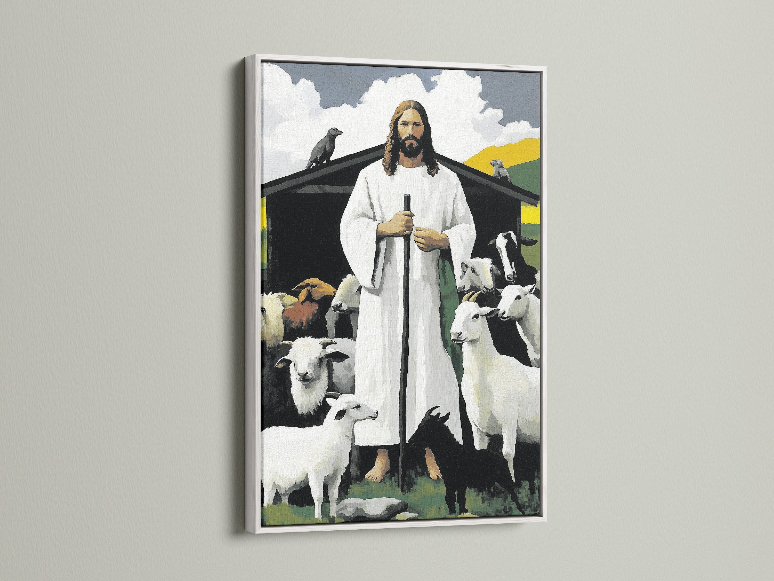 A white frame showcases a lovely art piece. The artwork is Jesus with sheep. The white frame provides a clean and modern aesthetic. It makes the artwork pop. White frames are versatile. They fit any decor. Brighten up your home with framed art.