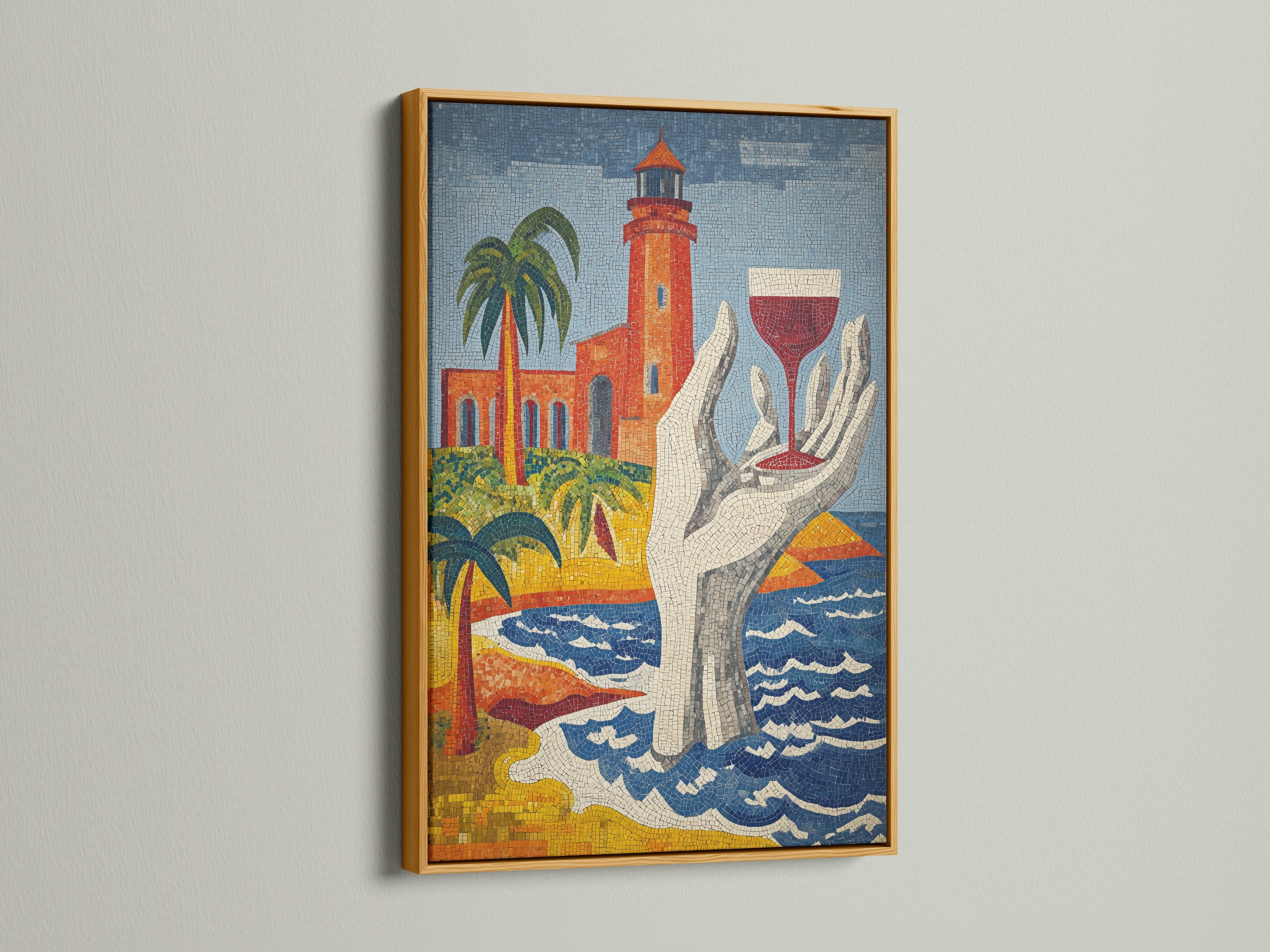 Lighthouse mosaic art print in a luxurious gold frame. This coastal wall art is a Mediterranean treasure. The tile artwork is perfect for beach house decor. It brings a seaside elegance. The nautical art enhances any interior.