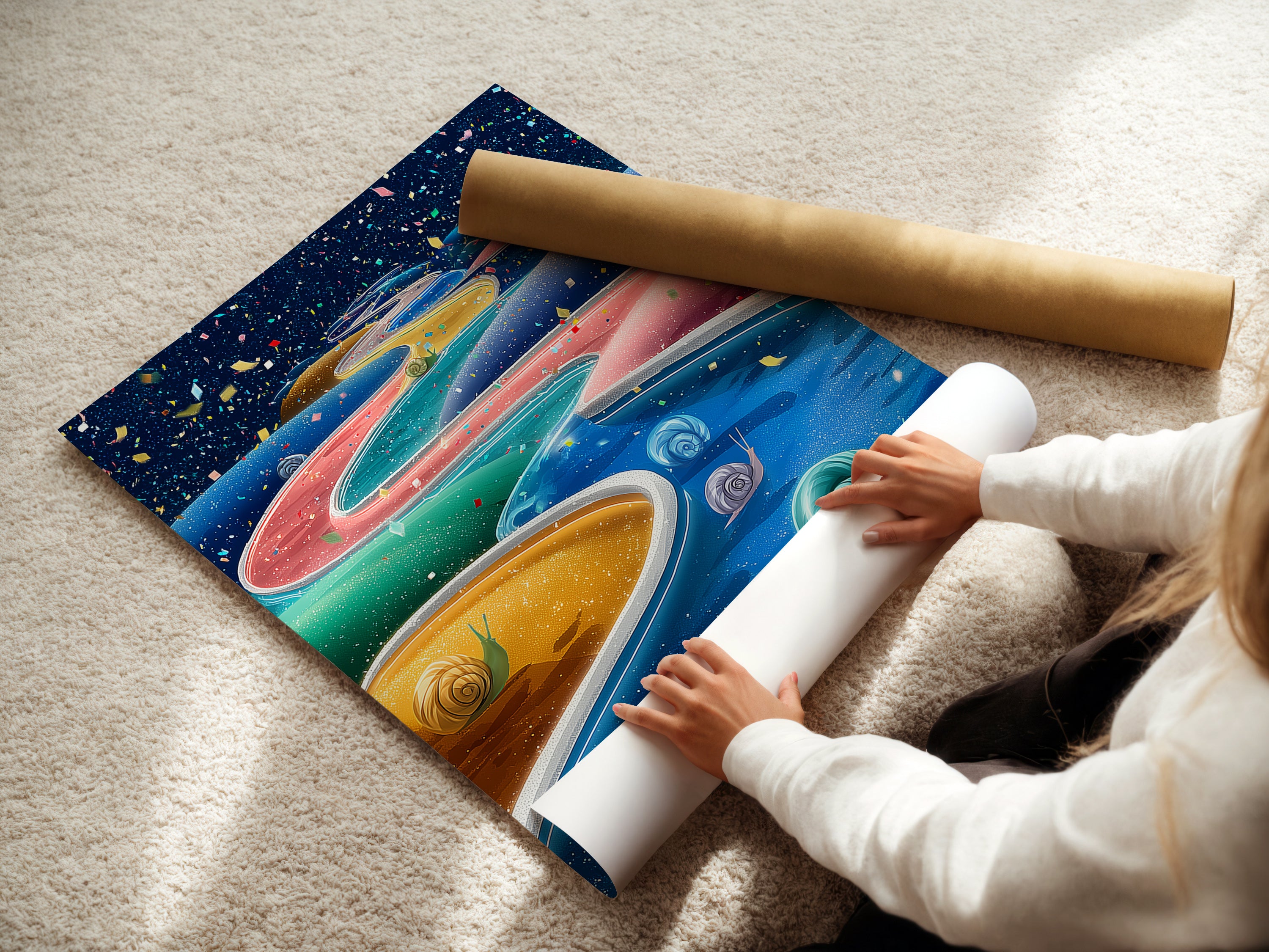 A woman carefully rolls a fine art poster paper featuring whimsical snail artwork. The colorful abstract piece is perfect for kids room decor. The turquoise blue artwork makes it ideal for nurseries and playrooms. This modern print inspires creativity.