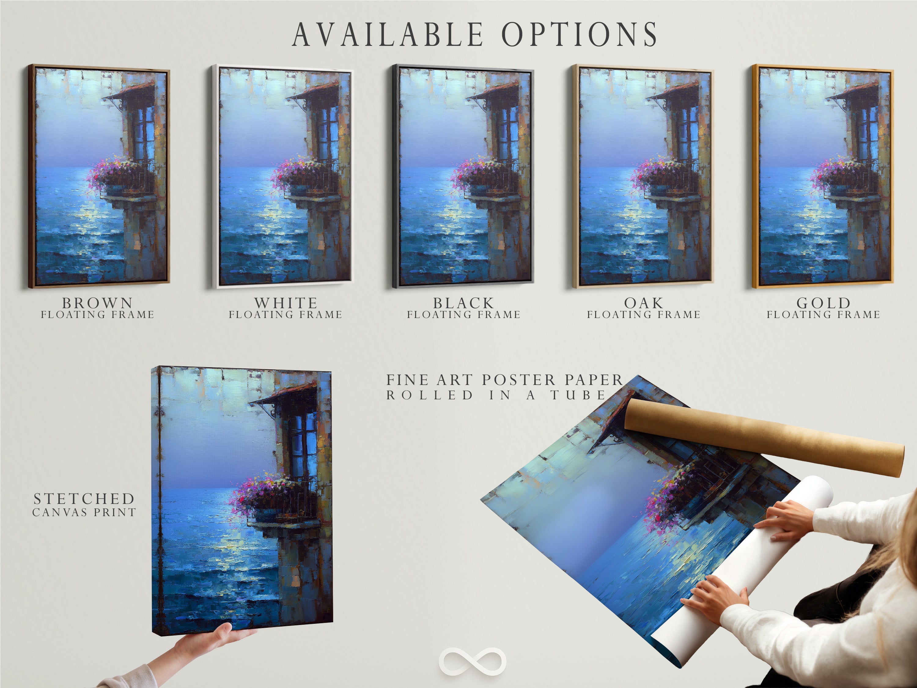 This image shows the available options. Choose between a stretched canvas print a fine art poster or a floating frame. Get your Mediterranean artwork in your preferred style.